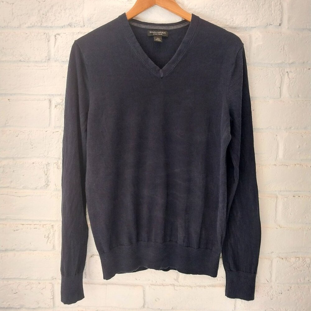 Banana Republic Luxury Blend Sweater Mens M Navy Blue Knit Silk Cashmere Cotton. - Picture 1 of 9